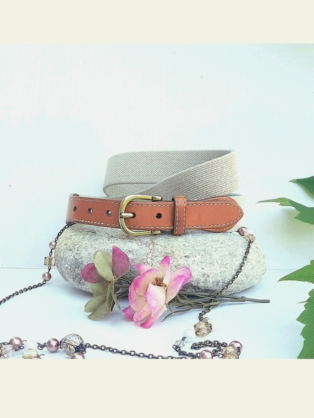 LL BEAN Leather & Weave, Tan and Cream Belt, Metal Buckle, Sz XS-S